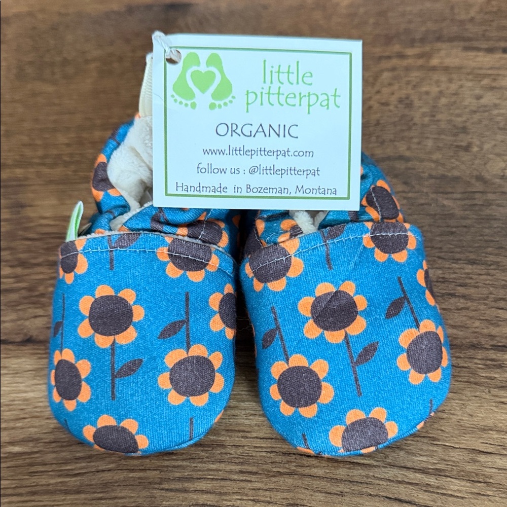 Little Pitterpat Blue Baby Booties with Orange Floral Design